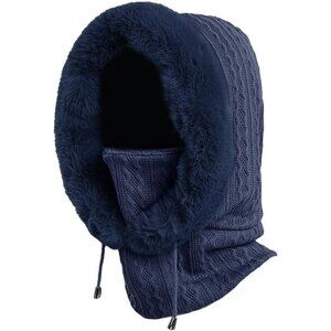 Women DarkbluePolyester Warm Thick Fluff Beanie Adult Neck Face Winter Balaclava